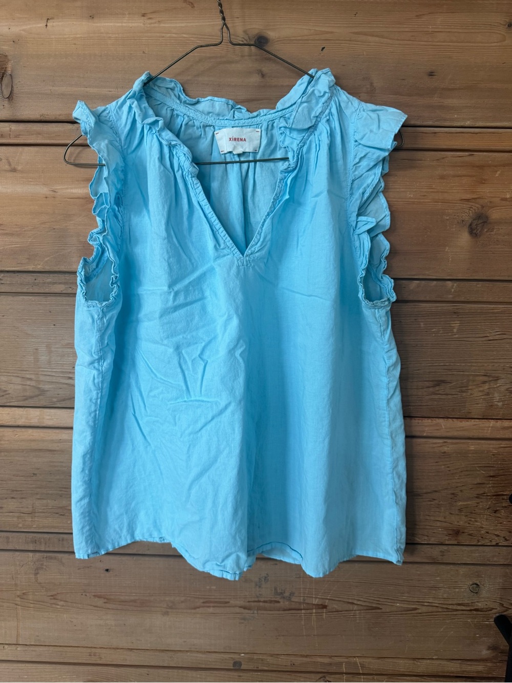 XiRENA Light Blue Ruffle Trim V-Neck Sleeveless Top